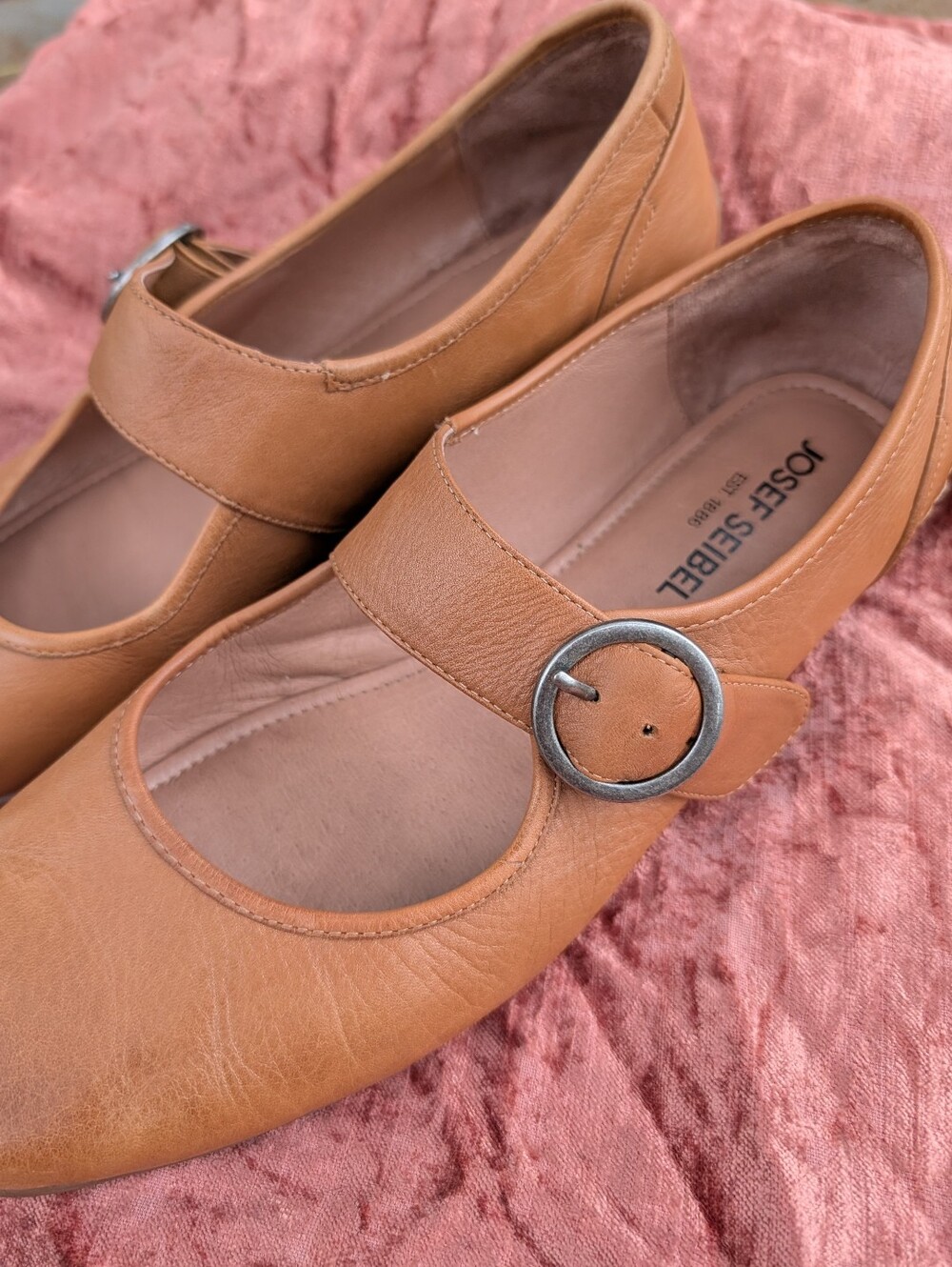 Josef Seibel Tan Leather Mary Jane Flats with Round Buckle Size 42